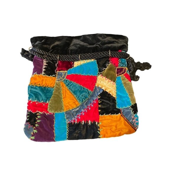 Colorful Patchwork Drawstring Bohemian Velvet Bucket Bag - Picture 2 of 6